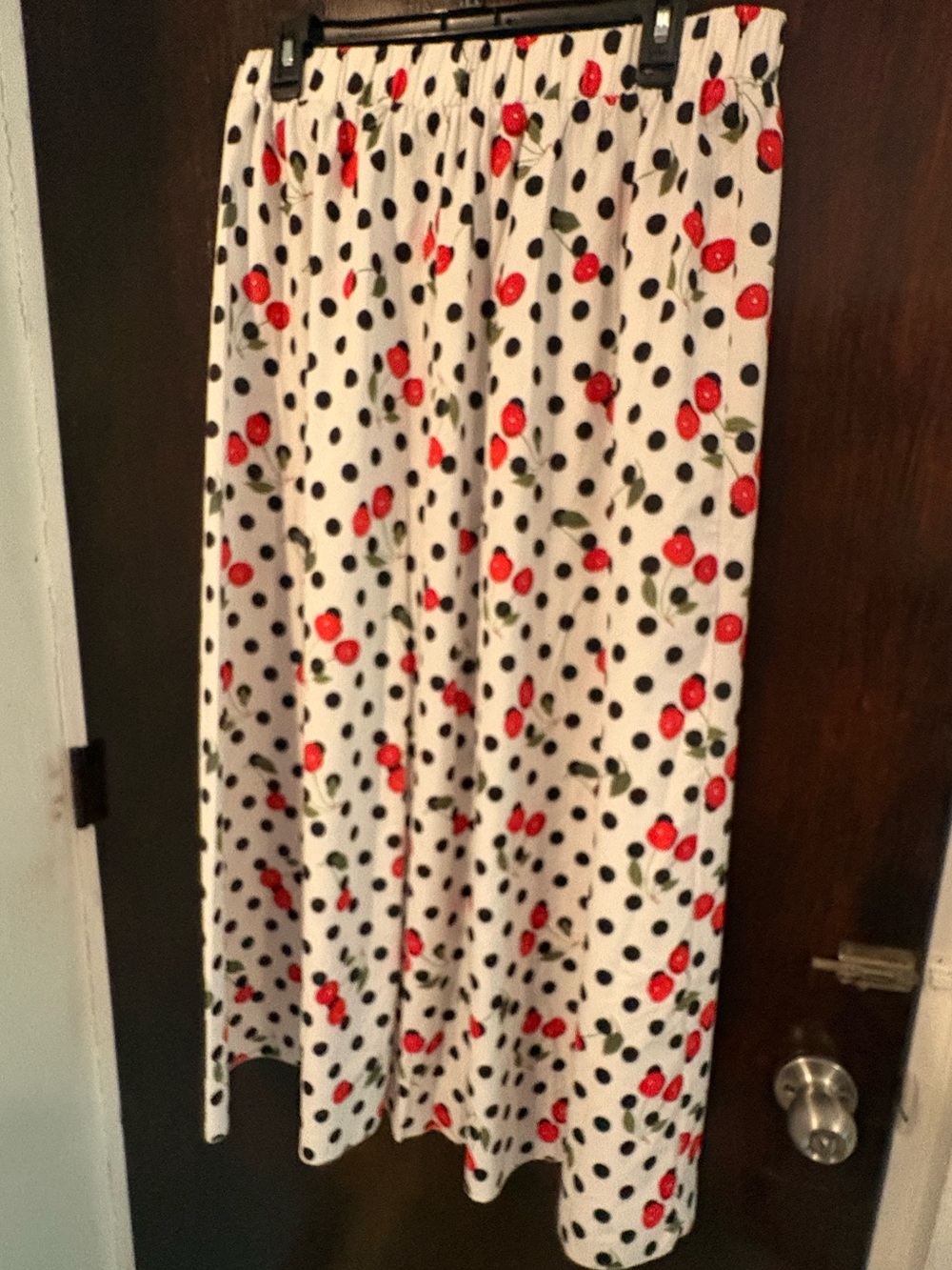 Bundle 3 for $15. White Maxi Skirt with Cherry & Black Polka Dot Print. Size XL.